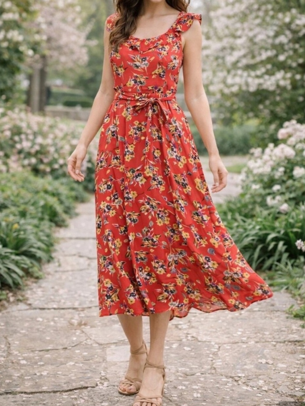 Anthropologie Bright Red Floral-Trim Dress